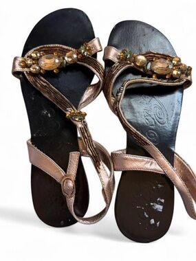 naughty monkey Metallic Rose Gold Jeweled T-Strap Sandals - Women